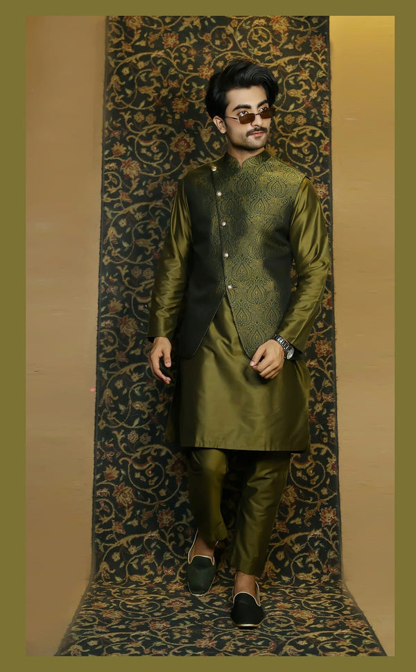 Green Atlus Jamawar Waist Coat For Men's