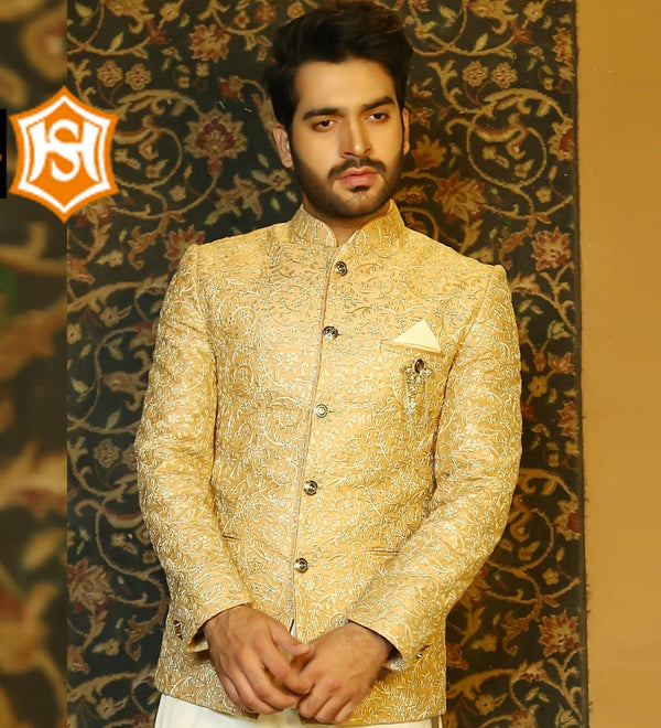 Light Peach Embroidered Prince Coat For Men's