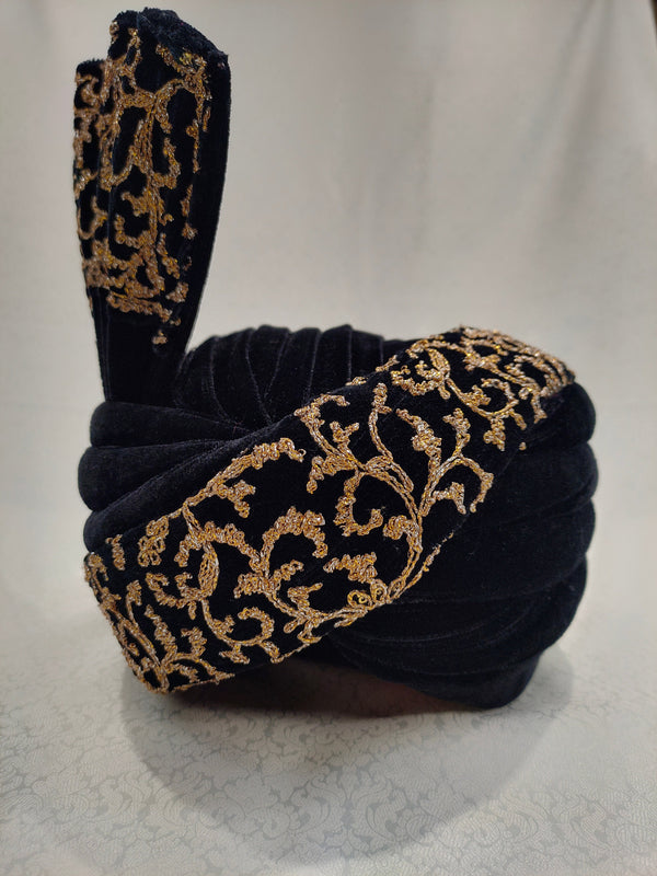 Black And Gold Embroidered Velvet Turban