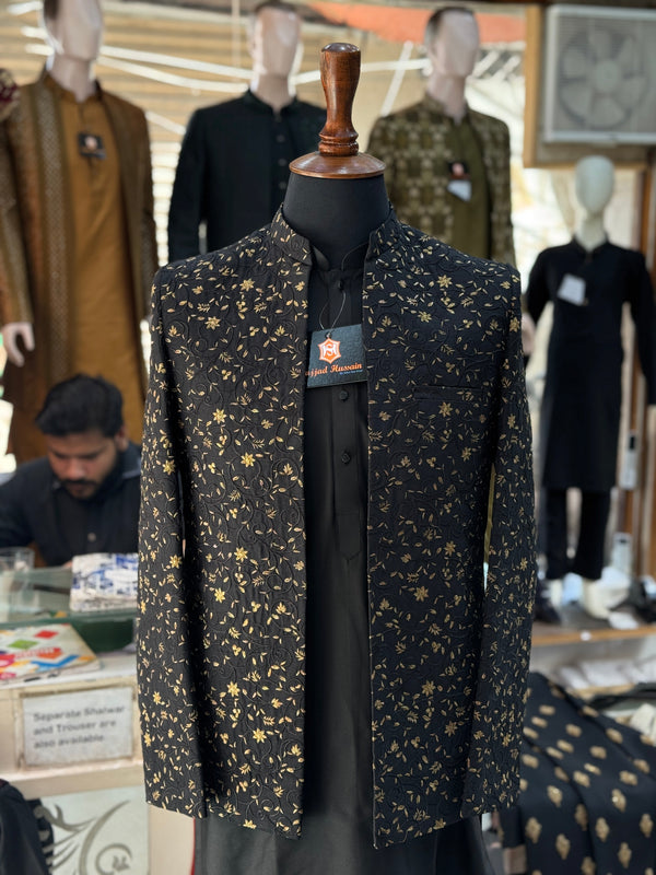 Black Embroidered Open Prince Coat
