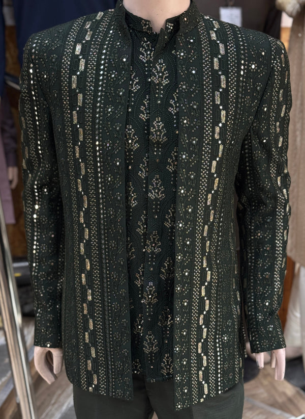 Mehandi Green Open Prince Coat,Shirt and Pant