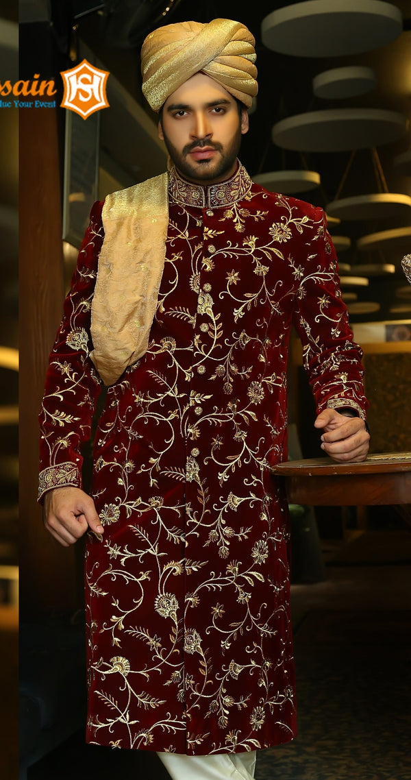 Charming Maroon Velvet Traditional Handwork and Embroidered Sherwani Set.