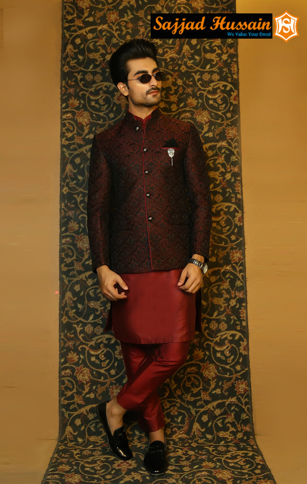 Maroon Prince Coat with Black Embroidered For Men's