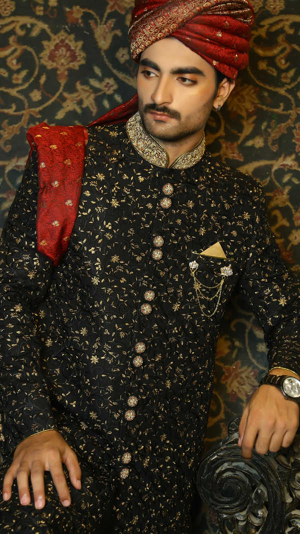 Classic Black Traditional Handwork and Embroidered Sherwani Set
