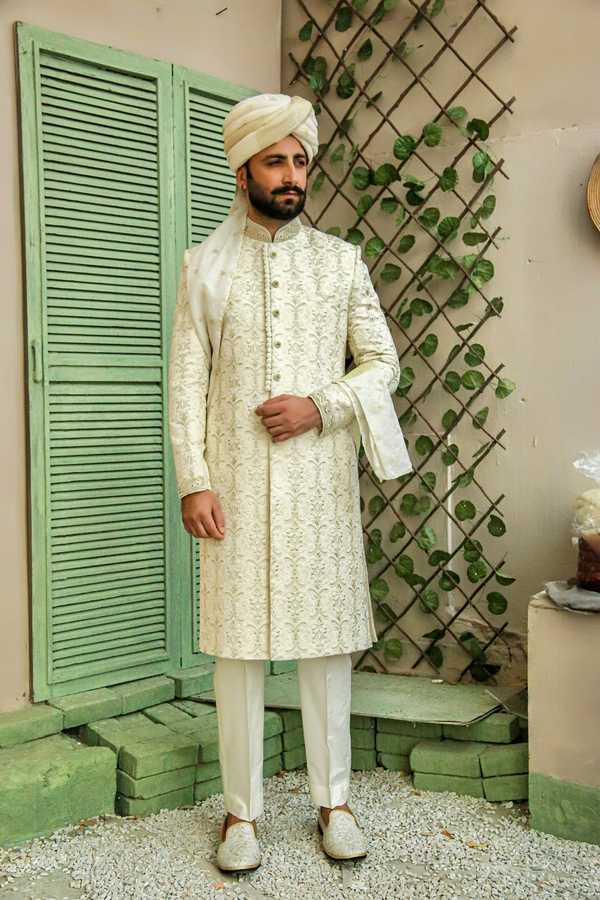 Cream Loop Style Floral Self Patterned Sherwani Set