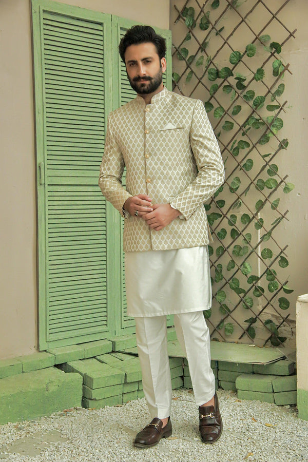 Off White Jamawar  Prince Coat For Men's