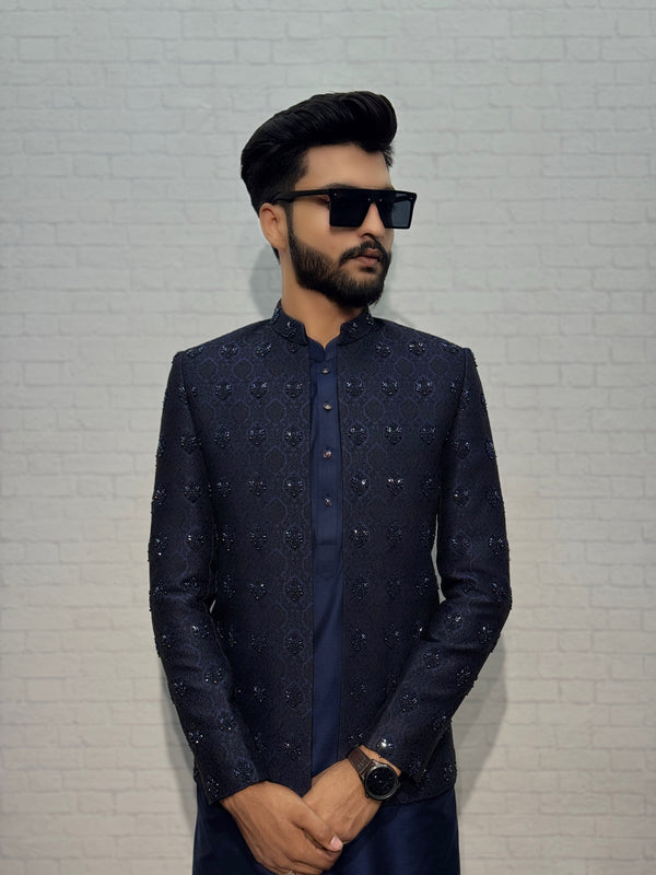 Embellished Blue Open Prince Coat