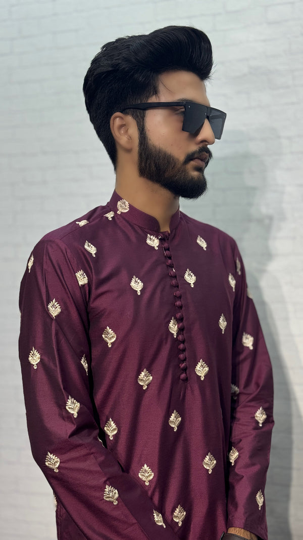 Motif Plum Kurta Pyjama