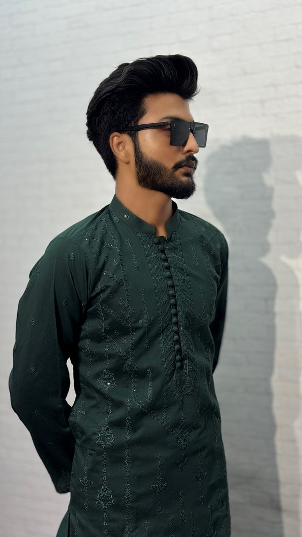 Pristine Bottle Green Kurta Pyjama