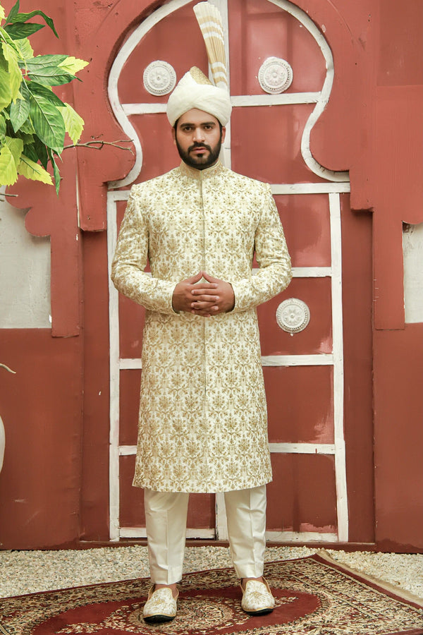 Classic Cream Traditional Handwork and Embroidered Sherwani Set