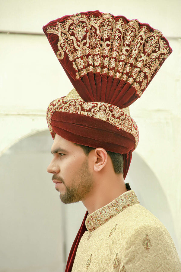 Maroon And Gold Embellished Velvet Turban