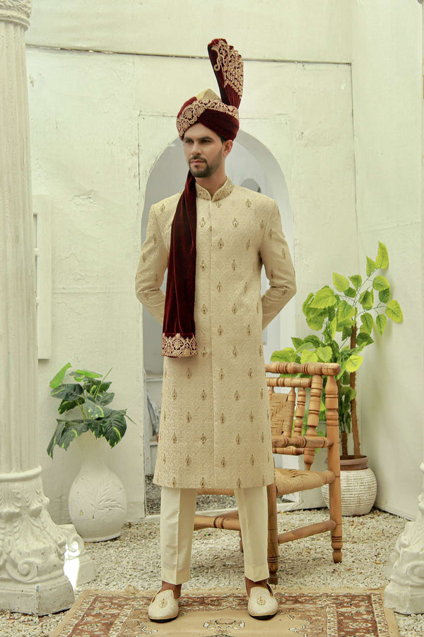 Ravishing Light Fawn Traditional  Motifs Handwork and Embroidered Sherwani Set