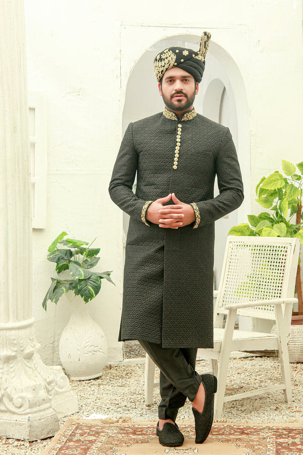 Classic Black Traditional Handwork and Embroidered Sherwani Set