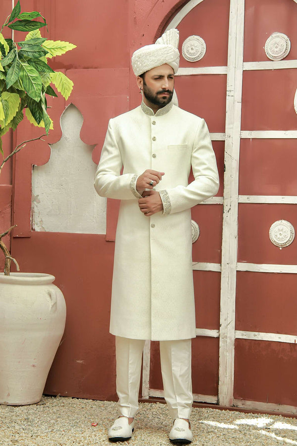 Rich and Elegant White Traditional Jamawar Sherwani Set