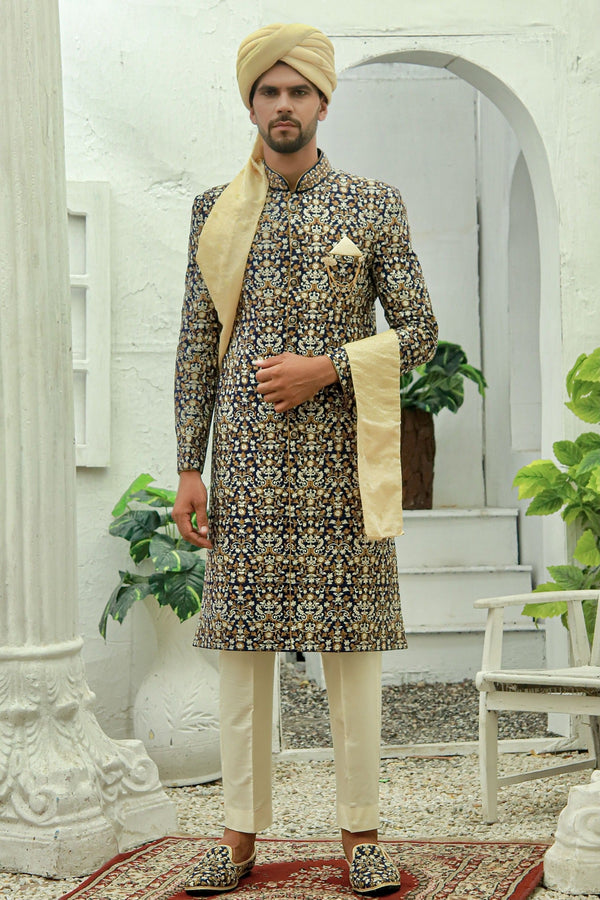 Classic Blue Traditional Handwork and Embroidered Sherwani Set