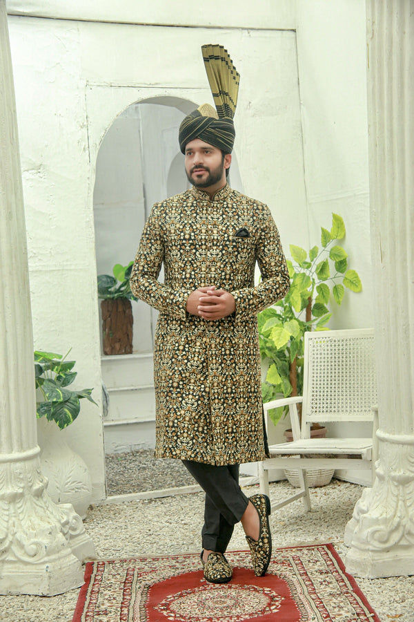 Classic Black Traditional Handwork and Embroidered Sherwani Set