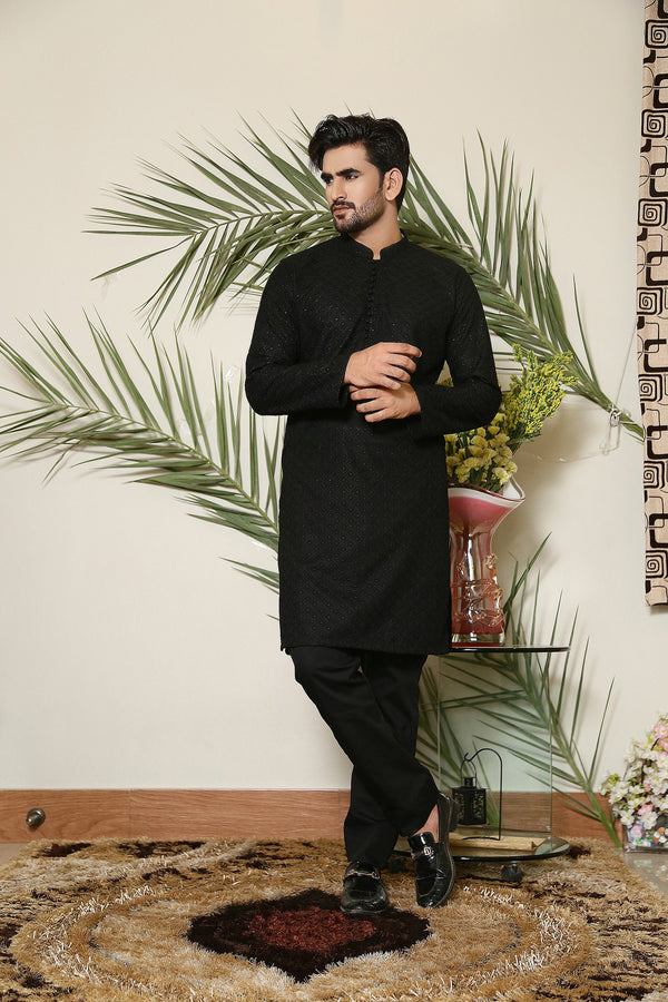 Black Chikan Embroidered kurta For Men's