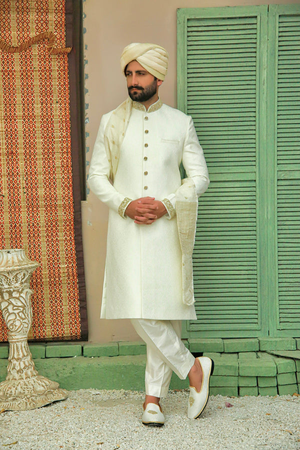 Rich and Elegant Cream Traditional Jamawar Sherwani Set