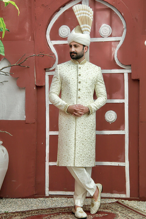 Charming Cream Traditional Handwork and Embroidered Sherwani Set