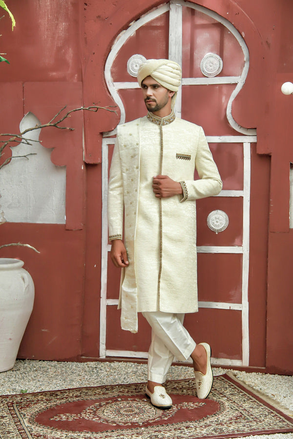 Rich and Classy Cream Patterned Traditional  Jacquard Textured Sherwani Set.