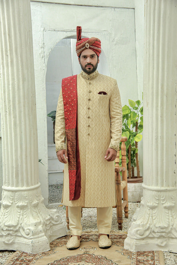 Biscuit Color Ethnic Patterned Traditional Handwork and Embroidered Sherwani Set