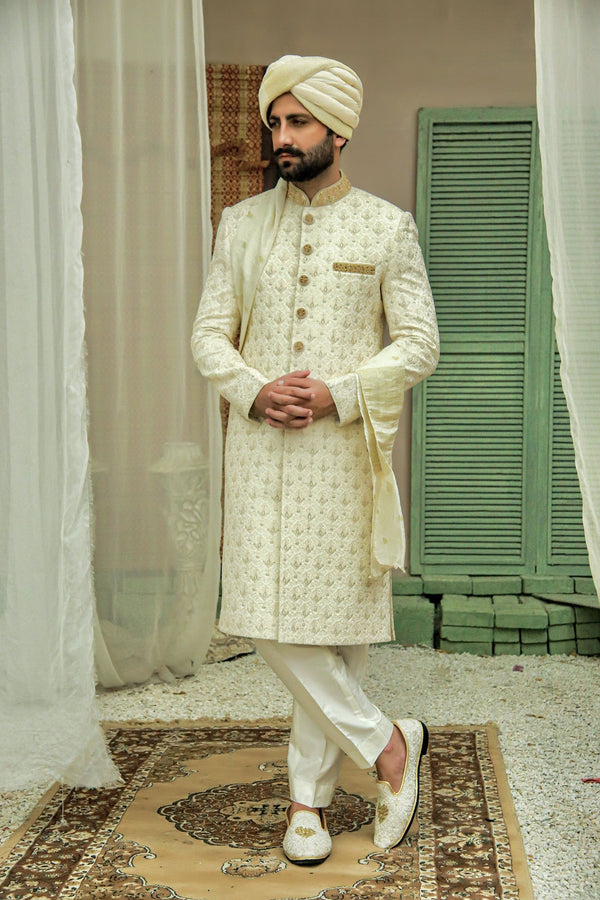 Cream Royal Traditional Handwork and Embroidered Sherwani Set