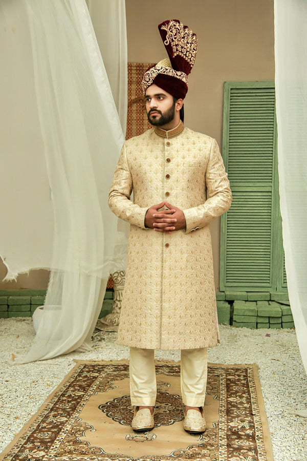 Rose Gold Royal Traditional Handwork and Embroidered Sherwani Set