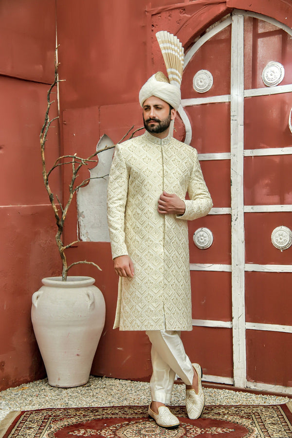 Classic Cream Traditional  Full Handwork and Embroidered Sherwani Set
