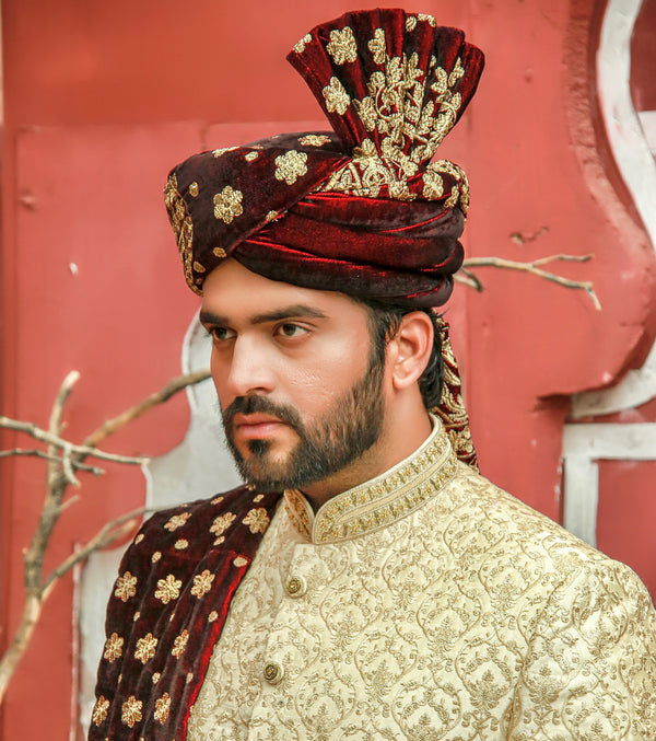 Deep Maroon And Gold Embroidered Velvet Turban