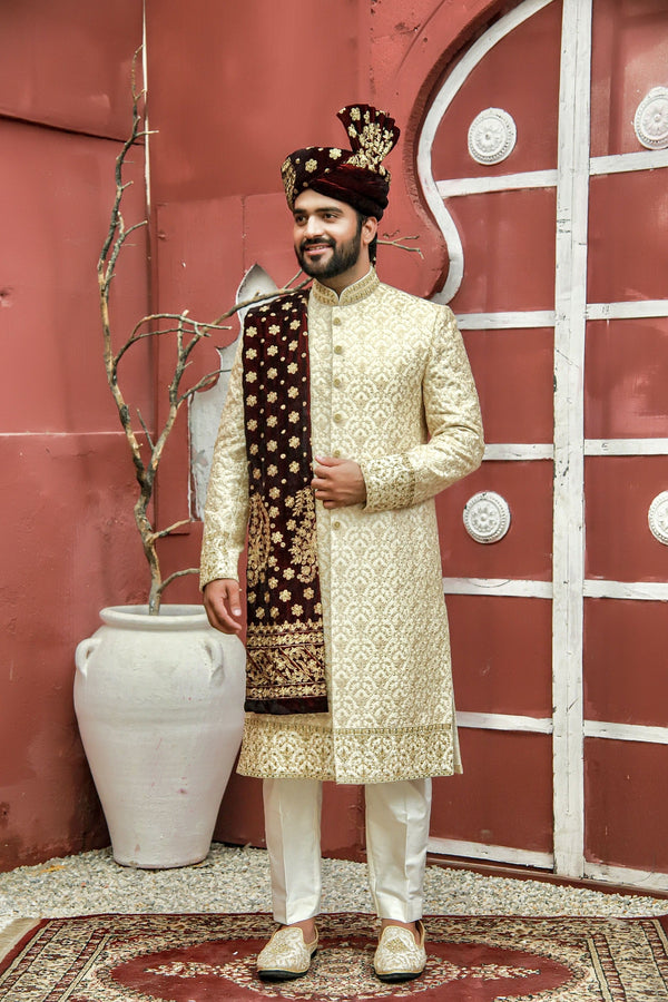 Border Handwork and Embroidered Sherwani Set