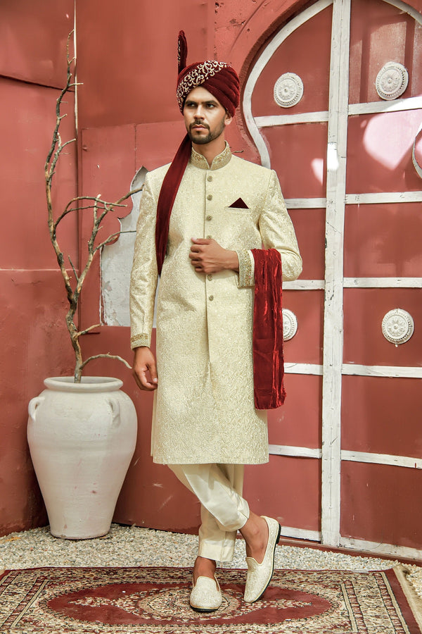 Luxe Cream Traditional Royal Motifs Sherwani Set