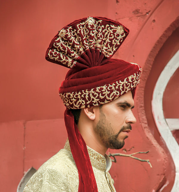 Reddish Maroon And Gold Embroidered Velvet Turban